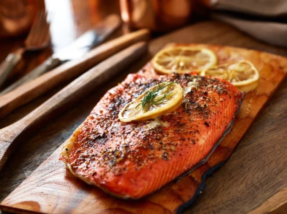 Salmon on a Wooden Board, Aperol & Caviar Cream